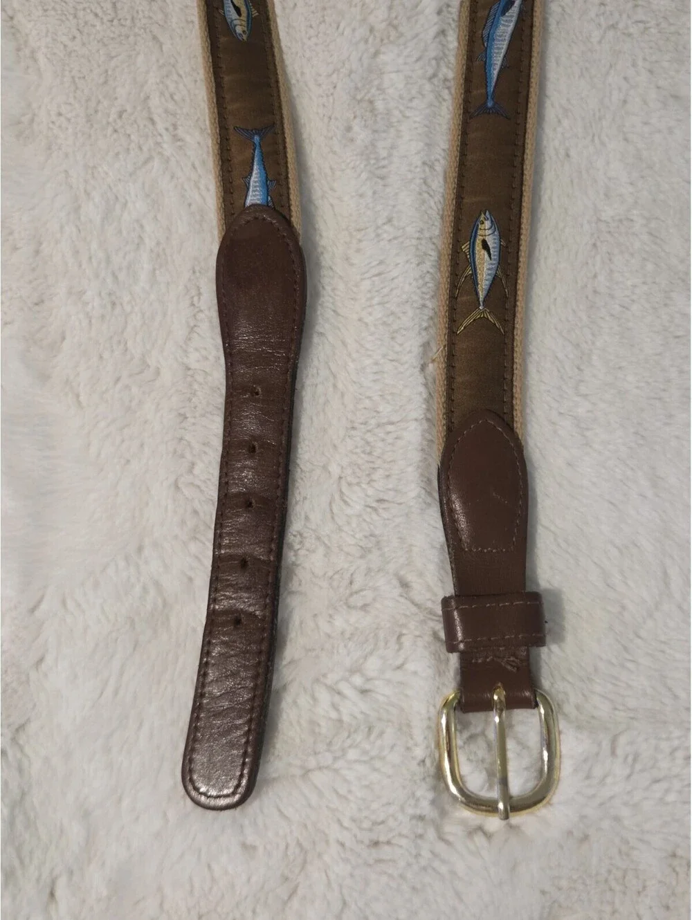 Zep-Pro Size 44 Brown Leather + Fabric Mahi Mahi Mahi-Mahi Fish Ribbon Belt